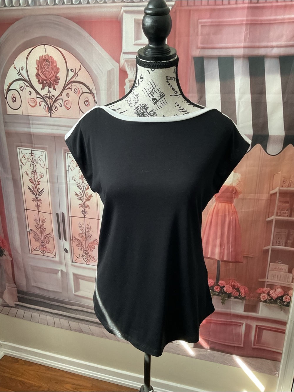 Ricki's Black Short-Sleeve Boatneck Top with White Trim